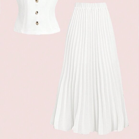 White Boho Women's Summer Elegant Collared Vest With Pleated Skirt - Picture 4 of 5